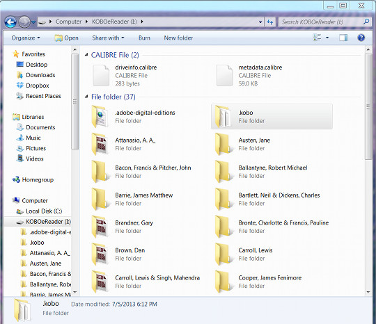 calibre kobo folder missing