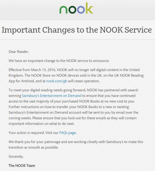 Nook Store Closing in UK, B&N Sending eBook Accounts to Sainsbury’s