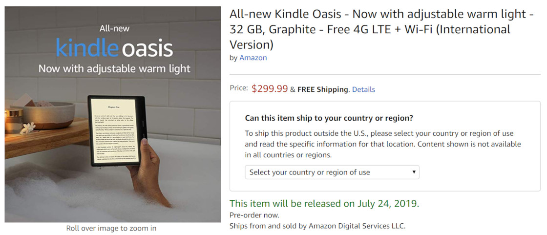 thumbnail interactive-video image 1 of Amazon Kindle Oasis 10th Gen Ereader - 7" 8GB Wi-Fi, Waterproof With Warm Light (Excellent Refurbished) 1 of 6
